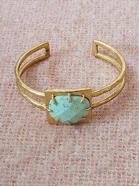Lucky Brand Cuff Bracelet--Hammered Gold Tone Metal with Green/Turquoise Stone